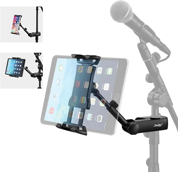 Moukey Adjustable Tablet Holder Clip-on Phone Mount for Mic Microphone Stand Music Stand, Compatible with All 4.7 to 12.9 Inches iPad, iPhone, Android Tablets, Pads, Smartphones by Moukey