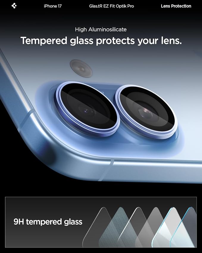 Spigen Camera Lens Protector for iPhone 17 (16 Plus/16) - Mist Blue | GlasTR EZ Fit Optik Pro, 9H+ Tempered glass, Scratch resistant, Auto-align tray, Case-friendly, Original Photo Quality, 2Pack - Image 6