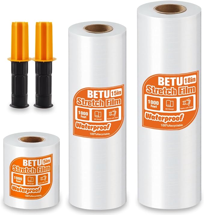 Stretch Film Shrink Wrap Complete Moving Kit (5"+15"+18") x 1000 Ft for Moving Supplies, Heavy Duty Plastic Wrap Stretch Roll for Moving Boxes Toys Books Pallet Wrapping Furniture with Handles, Clear by BETU