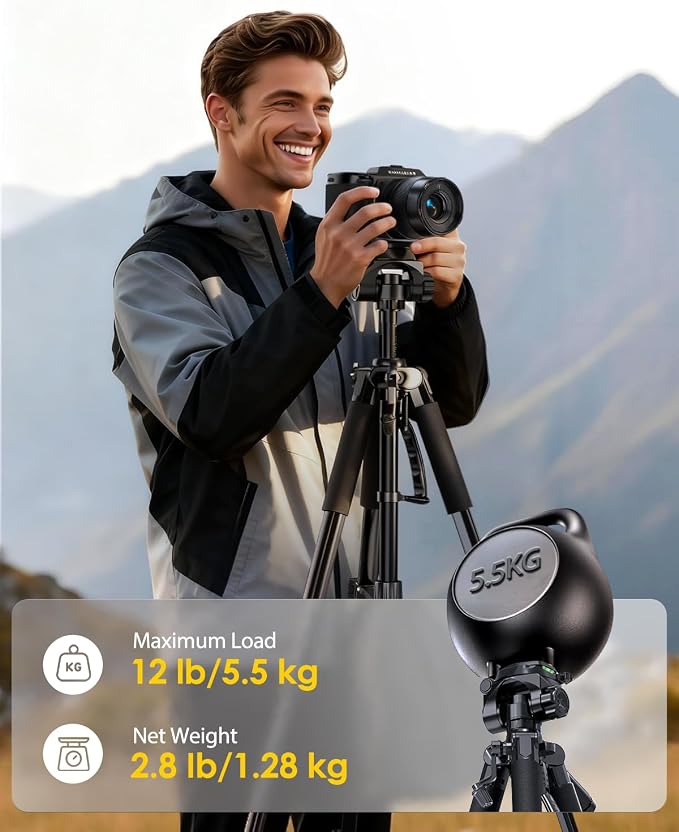 UBeesize 67” Camera Tripod with Travel Bag, Cell Phone Tripod with Bluetooth Remote and Phone Holder, Compatible with All Cameras, Cell Phones, Projector, Webcam, Spotting Scopes - Image 3