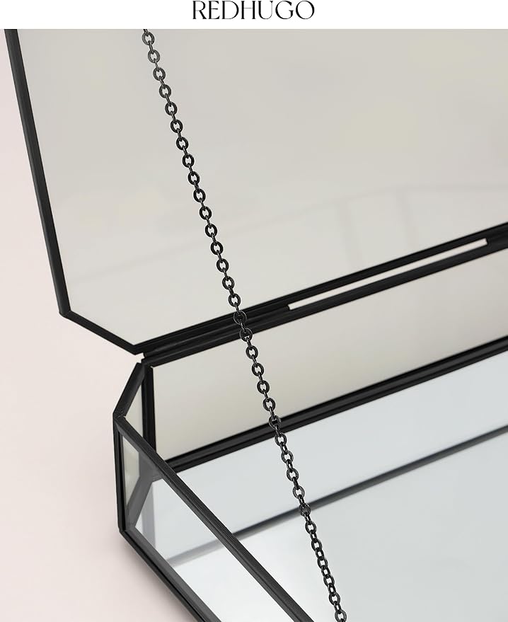 REDHUGO Large Glass Boxes for Display Handmade, Octagon, Black | Handmade Glass Jewelry Box with Mirrored Bottom and Lid, Ideal for Trinkets, Photos, Keepsakes and Vanity Decor - Image 7