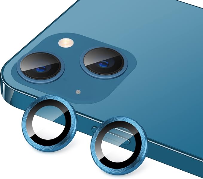 for iPhone 13 Mini/iPhone 13 Camera Lens Protector, Anti-Scratch 9H Tempered Glass Metal Camera Screen Protector Shockproof Cover Film Ring -2 Pcs Blue by Hsefo