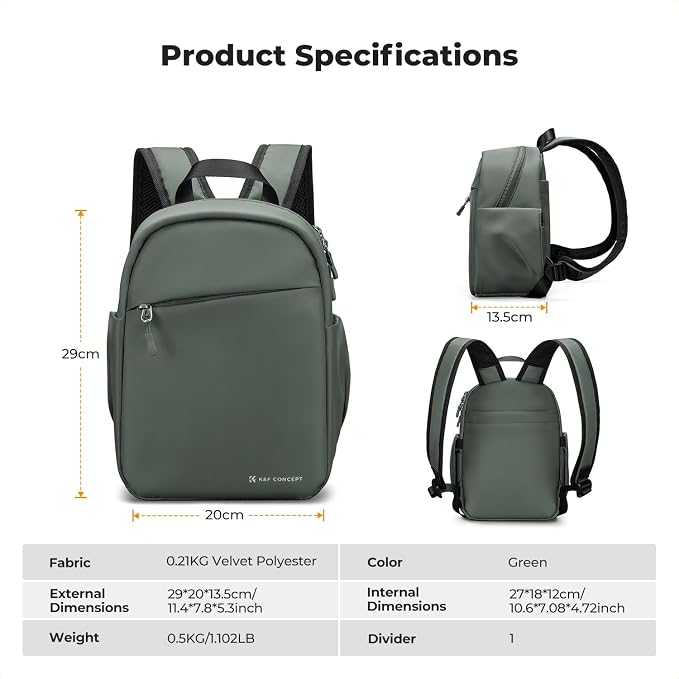 K&F CONCEPT Camera Backpack, Lightweight Compact Camera Bag 5L | Water-Resistant, Dividers, 9.7in Tablet Compartment, Quick Access, Street & Urban, Men & Women, for Canon/Nikon/Sony, Green - Image 9