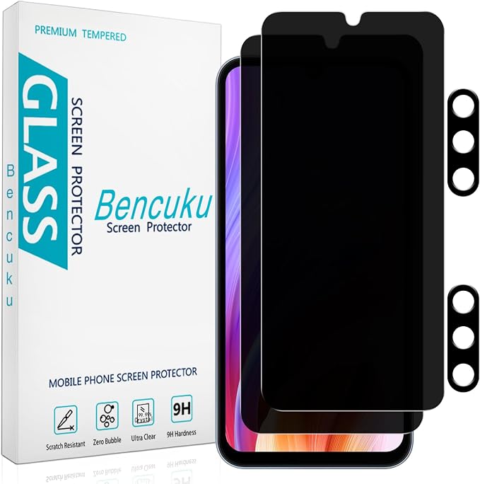 Privacy Screen Protector for Samsung Galaxy A15 5G Tempered Glass | Camera Lens Protector, Anti Scratch, Bubble Free, Case Friendly, 2+2 Pack by Bencuku