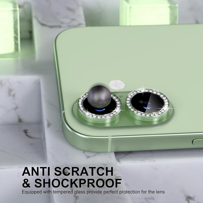 Choiche for iPhone 17 Camera Lens Protector Bling, Diamond-Green | Ultra HD, 9H Tempered Glass Camera Cover Screen Protector Metal Individual Ring Decoration Accessories, 2-Lens, 6.3-inch - Image 3