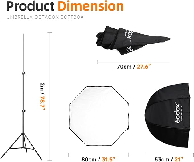 Godox Photo Studio 80cm 31.5in Portable Octagon Umbrella Softbox | 190cm Light Stand with Hot Shoe Holder Bracket kit for Flash Speelidte - Image 2