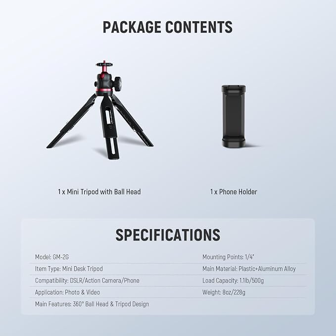 NEEWER Entry Level Version Mini Tripod for Camera, 360° Small Desk Portable DSLR Webcam Cell Phone Mount Holder Stand Selfie Stick Grip Compatible with iPhone Samsung Android Video Recording, GM-2G - Image 8
