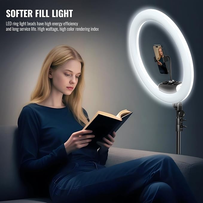 19" LED Ring Light with Stand, 78.7" Tripod, 3 Phone Holders | 45W Selfie Light, 2700K-6300K Adjustable Color, CRI 96+, Dimmable Brightness for Live Streaming, TikTok, YouTube, Makeup - Image 5