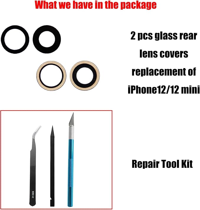 2 Pcs/Set 12/12 Mini Rear Camera Lens Replacement for iPhone 12 / iPhone 12 Mini, Anti-Lens Scratch & Waterproof, Back Glass Camera Lens Cover Replacement with Repair Tool Kit - Image 4