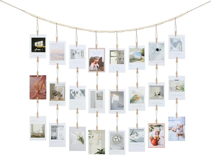KLOGTSIND Hanging Photo Display with Clips, Wood Beads Garland Wall Decor | 28 Wooden Clips, Photo String Banner for Pictures Cards Artwork, Boho Room Dorm Decor, Christmas Teen Girl Gifts by KLOGTSINDDirect