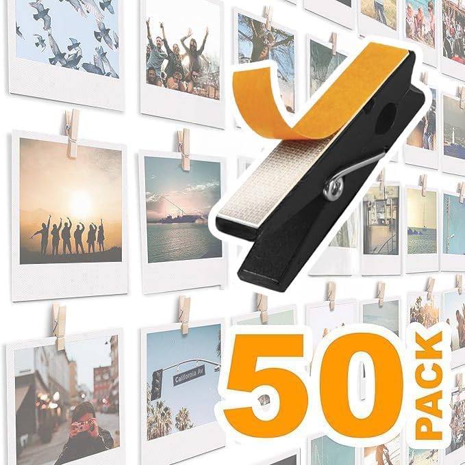 50 Pack Mini Self Adhesive Clips for Pictures - Black Wood Clip Photo Holders for Wall, Poster Hanger, Photo Cards Hanging Display Board & Picture Boards, Artwork Photos Holders Card Room Decor by TOROS
