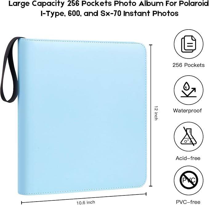 Veicevol 256-Pocket Album for Polaroid i-Type, 600 & SX-70 Photos, Blue | Designed for Fujifilm Instax Wide Photos, Water-Resistant PU Leather Cover, Zipper Closure, Securely Holds Up to 256 Photos - Image 3