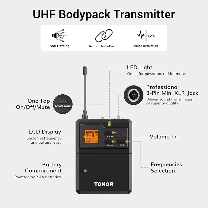 TONOR UHF Wireless Microphones System with Headset/Lavalier Lapel Mics, Bodypack Transmitter, Receiver, 2 * 15 Channels, 60 m/200ft Range for Live Singing Karaoke Church Party DJ, 2 Bodypack Mics - Image 4