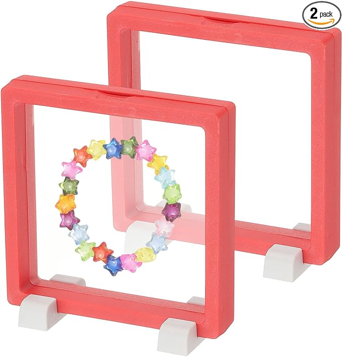 PATIKIL 2Pcs Floating Display Case, 4.3 Inch Jewelry Display Case Stand Challenge Coin Holder Frames Transparent Small Storage Box 3D for Necklace Bracelets Pendants, Red/White by PATIKIL