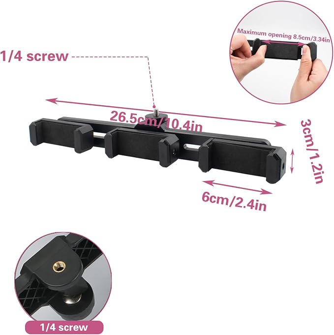 Triple-Clip Phone Holder, Smartphone Tripod Mount Adapter, Universal 360° Rotation Adjustable Clip Stand for Vlog Live Streaming Video Recording, Compatible with 1/4'' Screws - Image 2