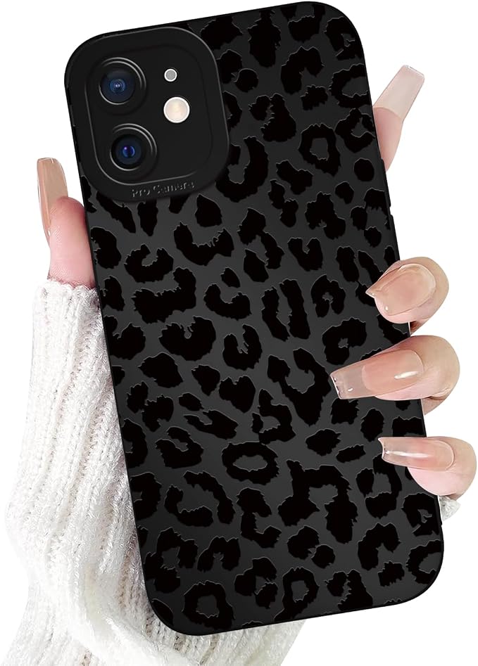 Cute Black Cheetah Print Phone Case for iPhone 12 Mini 5.4" | Aesthetic Leopard Pattern Design Cover Full Camera Lens Protective Shockproof Soft Slim TPU Funda for Men Women Girls by Unknown