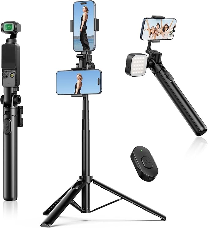 ULANZI MT-70 Extendable Tripod, 63" Selfie Stick Vlog Stand w 2 Phone Clips | 360° Rotate, Two Clips as Teleprompter, Cold Shoe, Camera Holder Extendable Tripod for iPhone Pocket 4 Luna Nano by ulanzi