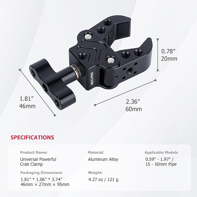 Aluminum Clamp 15-50mm - Heavy Duty Camera Mount with 1/4" Screw for DSLR LED Light Microphone, Photography Studio Video Clamp for Pipe Rod Tripod-62020 - Image 7
