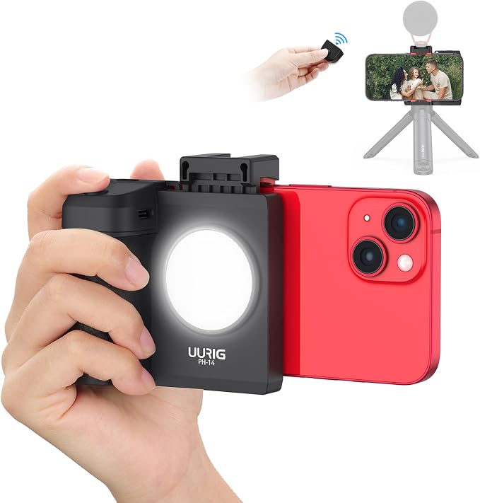 UURIG PH-14 Smartphone Camera Shutter Handle Grip w Detachable Wireless Bluetooth Remote Control,Three-Gear Adjustable Fill Light for iPhone Samsung Google OnePlus Phones Video/Photo Shooting by VRIG