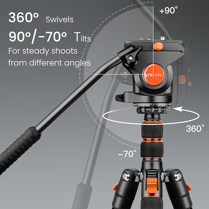 Victiv 72" Video Camera Tripod, Heavy Duty Fluid Head Tripod with Carry Bag | Professional Aluminum Camera Tripod Stand, 2-in-1 Camera Tripods & Monopods, Compatible with Camcorder, DSLR, Porjector - Image 4