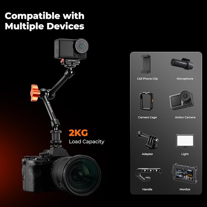 K&F CONCEPT 9.8" Magic Arm Clamp with Cold Shoes | 360° Ball Heads Camera Arm Mount for Monitor/Flash/Microphone/DSLR Camera, MS32 - Image 4