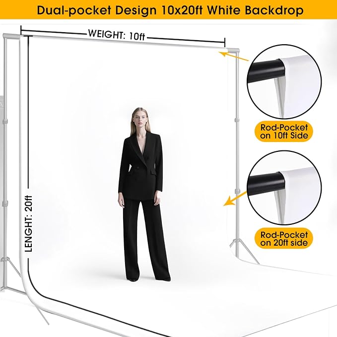 CPLIRIS 10x20ft White Backdrop for Photography, Dual-Size Dual-Pocket Design Photo Booth Background for Portrait Photoshoot, Party and Video with Both Options of 10 feet and 20 feet in Width - Image 2