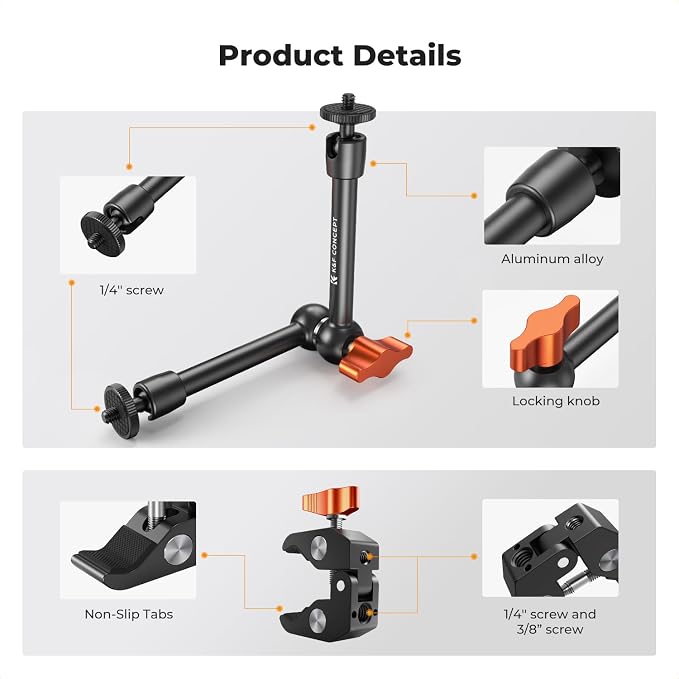 K&F CONCEPT 9.8" Magic Arm Clamp Kit with 1/4" & 3/8" Thread Screw | 360° Ball Heads Magic Arm with Tripod Mount Adapter for Gopro/LED Lights/Monitor/Flash/Microphone/DSLR Camera, MS32 - Image 2