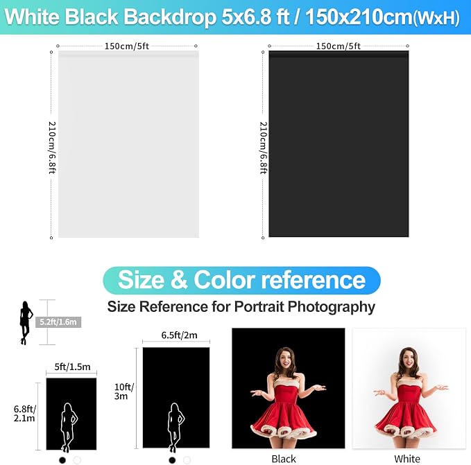 Black White Backdrop Screen with Stand Kit for Photo Video Studio Filming 5X6.5ft, Black Backdrop White Photo Curtain Background with T Shape Stand and 5 Spring Clamp for Photography Party Decorations - Image 5
