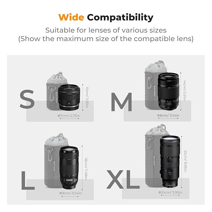 K&F CONCEPT Camera Lens Case, Drawstring Lense Pouch for DSLR SLR, 4 Pack | Abrasion-Resistant Polyester, Plush Interior & Hook, 4 Sizes (S/M/L/XL) Bag Set for Canon,Nikon,Sony,Fuji DSLR/SLR Lenses. - Image 5