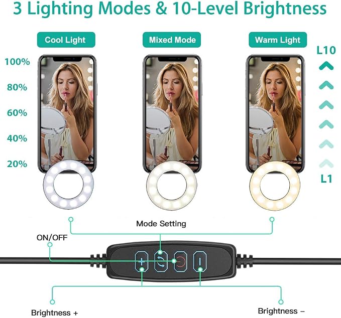 NexiGo 3.5 Inch Dual Selfie Ring Light with Moible Phone & Webcam Holder, 3-Light Modes, 10 Brightness Levels, LED Ringlight with Tripod Stand, for Live Streaming Makeup Video Conference - Image 3