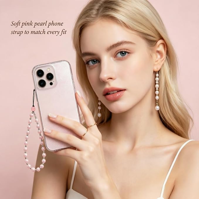 Phone Charm Beaded Strap Cute Cell Phone Wrist Straps String Accessories Hand Aesthetic Lanyard Wristlet Chain for iPhone 17 Pro Camera Case AirPods Bags Keychains Women Girls Rose Gold Pearl - Image 2