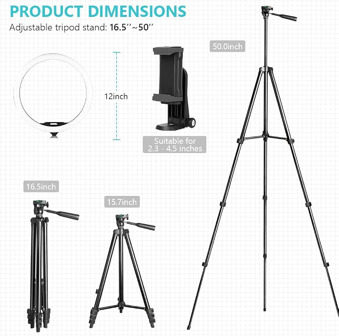 Sensyne 12'' Ring Light with 50'' Extendable Tripod Stand, LED Circle Lights with Phone Holder for Live Stream/Makeup/YouTube Video/TikTok, Compatible with All Phones - Image 5