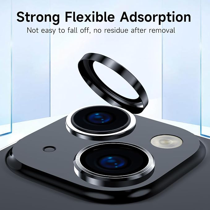 YWXTW for iPhone 15/15 Plus/ 16e/ 17e Camera Lens Protector, Individual Anti Scratch Metal Ring Tempered Glass Camera Screen Protector for iPhone 15 Accessories, Case Friendly (Black) - Image 3