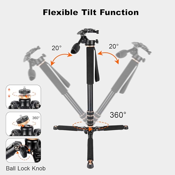 Koolehaoda 71.6” Camera Monopod with 3-Way Pan Tilt Head & Detachable Feet | Aluminum Tripod & Monopod Photography Unipod Stick for DSLR, Camcorder, Vlog & Sports Shooting - Image 6