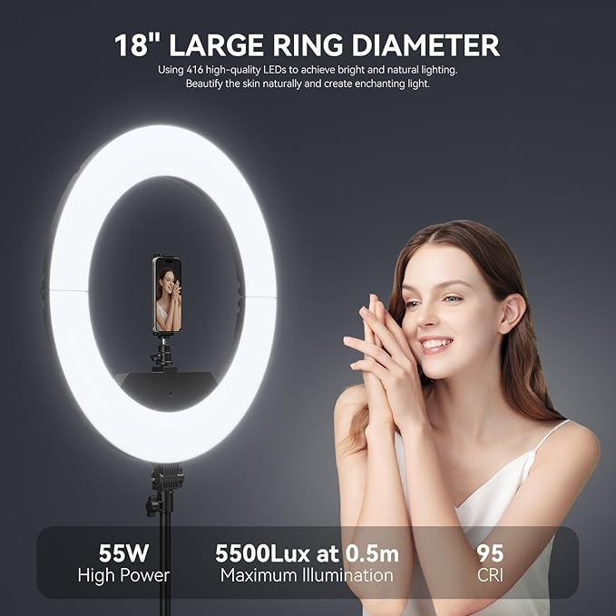 18 Inch Ring Light Kit, 55W6700k Dimmable LED Light, Tripod Stand, Remote Controller,Box,CRI95,Black - Image 3