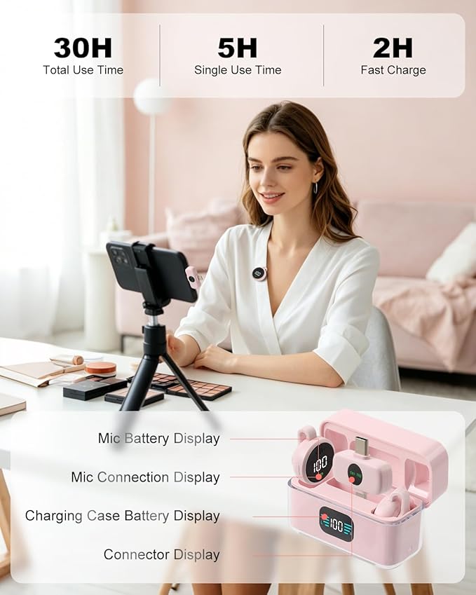 Wireless Microphone for iPhone & USB C Android, AI Noise Canceling Lapel Mic with Charging Case Magnetic Clip LCD Display DSP Chip Lavalier Mini Microphone for Vlogging Tiktok Live Stream YouTube Pink - Image 5