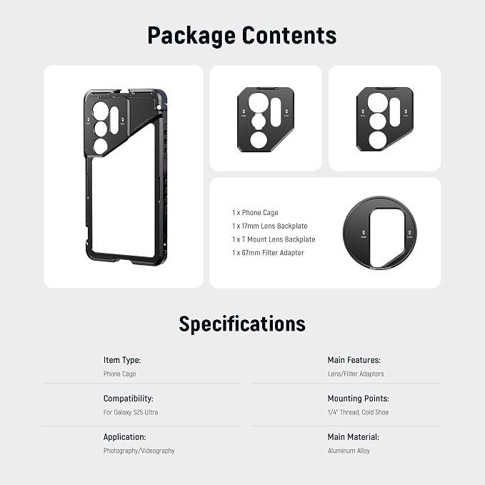 NEEWER S25 Ultra Phone Cage, Mobile Video Rig Phone Stabilizer with 67mm Filter Adapter, 17mm Lens Backplate, T Mount Lens Adapter, Compatible with Samsung Galaxy Moment T Series Lenses, PA082 - Image 8