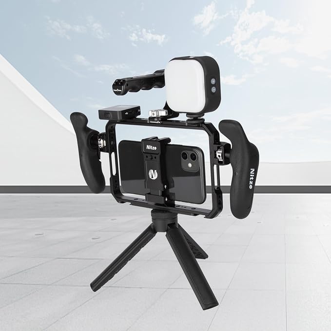 Nitze Smartphone Cage Universal Phone Video Rig - T-MP01B | Ergonomic Side Handles, Adjustable Cellphone Clamp, 5 Built-in Cold Shoes, For Vlogger and Videographer - Image 8