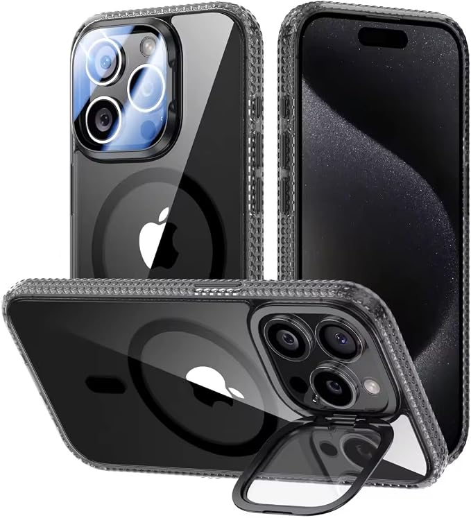 VOFATA [Upgraded] for iPhone 15 Pro Case with Camera Cover Stand [Fit for MagSafe][9H Camera Lens Protector] Mil-Grade Protection Transparent Magnetic iPhone 15 Pro Phone Case, Clear Black by VOFATA