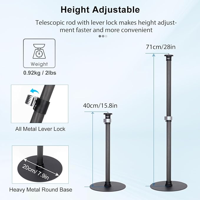 Koolehaoda Webcam Stand, Carbon Fiber Desk Tripod Stand,Round Base Monopod | with 360° Rotatable Ballhead for DSLR Camera Ring Light Webcam for Video Recording,Live Streaming Vlogging - Image 2