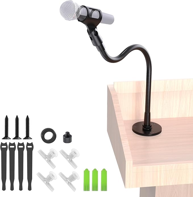 19-Inch Gooseneck Mic Stand, Podium Microphone Holder with Flange Mount | Fits Dynamic Mics, Flexible Adjustable Arm, Podium/Desk/Wall mount, for Podcast, Studio, Lecture, Gaming & Live Streaming by Borenbuir