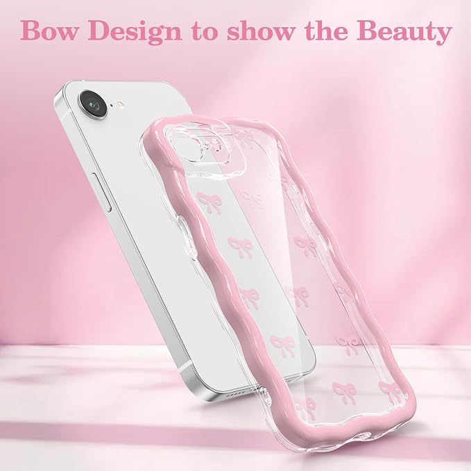 QLTYPRI for iPhone 17e/16e Pink Bow Case, Clear Cute Pink Ribbon Bow Phone Case Curly Wavy Aesthetic Phone Cover, Soft Slim Transparent TPU Shockproof Protective Cover for Women Girls - Tiny Bow - Image 2
