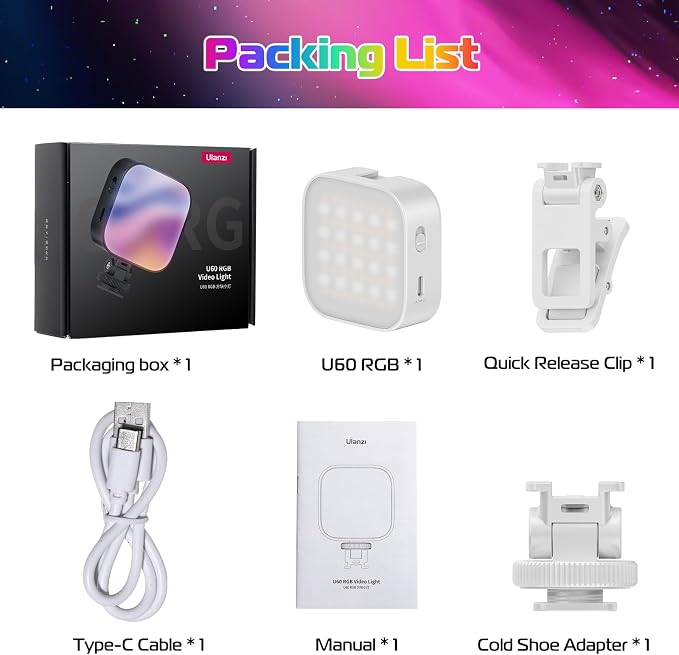 ULANZI U60 RGB Video Lights White LED Camera Light 360° Full Color Portable Photography Lighting w Quick Release Cold Shoe Adapter and Clip, 2500mAh Rechargeable CRI 95+ 2500-9000K Dimmable Panel Lamp - Image 8