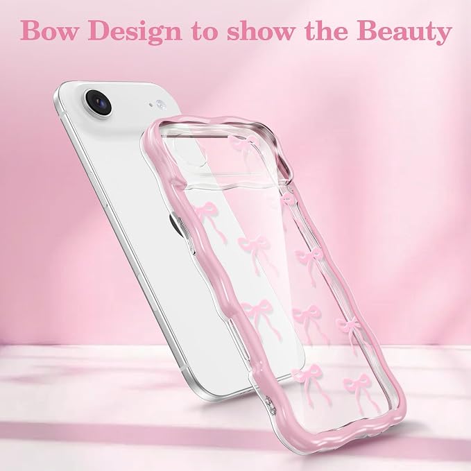 QLTYPRI for iPhone Air Pink Bow Case, Clear Cute Pink Ribbon Bow Phone Case Curly Wavy Aesthetic Phone Cover, Soft Slim Transparent TPU Shockproof Protective Cover for Women Girls - Ribbon Bow - Image 2