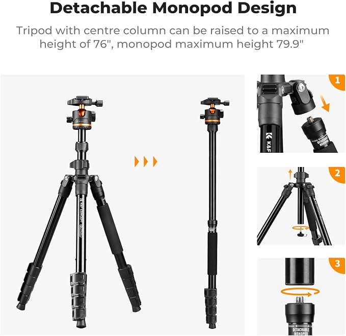 K&F CONCEPT 76" Travel Tripod for Camera | 360° Ball Head w/ Phone Holder, 17.6lbs Max Load, Detachable Monopod, Compact Tripod for DSLR/Phone, O275A5+BH-36 - Image 4