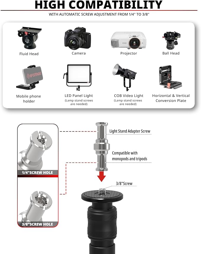IFOOTAGE RB-A400 Round Base Monopod,79.4" Monopod Light Stand,3/8" Screw and Light Mount Adapter, Stability for LED Video Light,Max.Payload 22LBS/10KG - Image 8