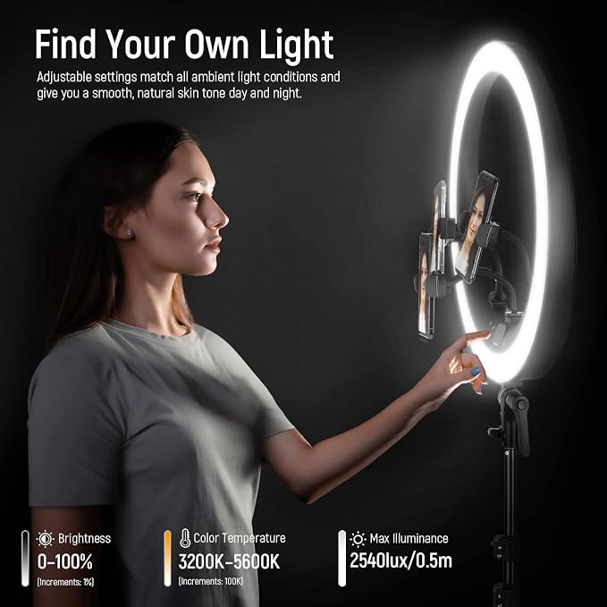 NEEWER 19 inch 2.4G Ring Light with Stand, 3 Phone Holders, 2.4G USB Transmitter for Mac/PC Remote Control, Touch Panel, Smooth Dimming at 1%, 3200K-5600K for Selfie TikTok Live Streaming Zoom, RP19H - Image 2