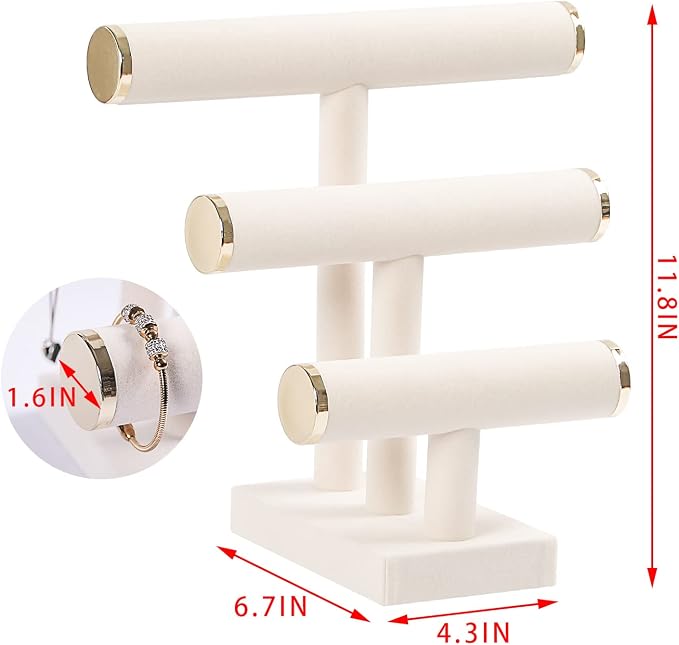 3 Tier Bracelet Holder,Bracelet Display Stand with Metal Cap,Beige White Velvet Jewelry Organizer Displays for Necklace Scrunchies Watches Hair Ties. - Image 5