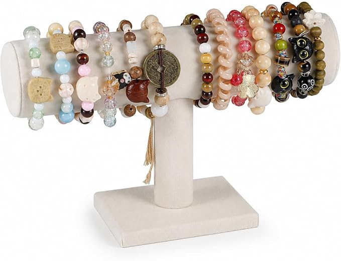 TENINYU Hovering T-Bar Bracelet Necklace Earring Bangle Pendants Anklet Tower Watch Key Jewelry Display Stand for Home Organization (Beige Velvet) by TENINYU