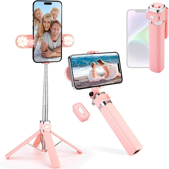 Mini Phone Tripod Stand,MQOUNY 38" Phone Tripod &Selfie Stick with Wireless Rechargeable Remote & Removable Light, Extendable Tripod Stand 360 Rotation Compatible with Phone&Android (MEI-Pink) by MQOUNY